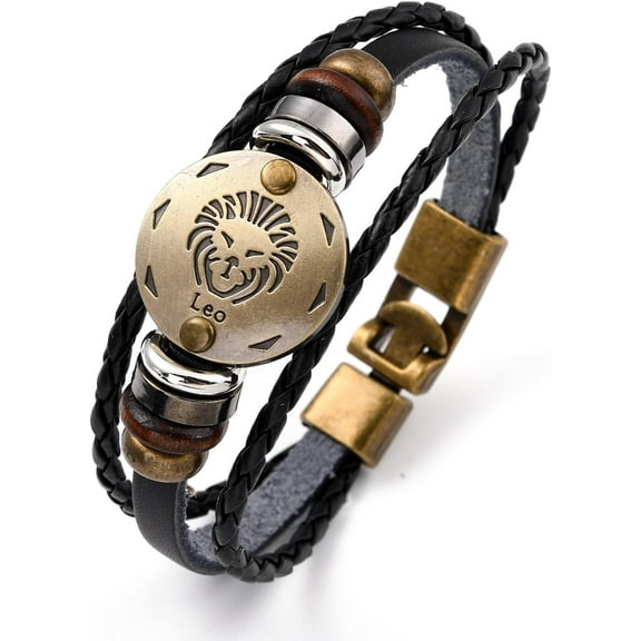 3Pcs Leather Cord Bracelets Retro Multi-strand Bracelets with Wood Beads Hematite Beads and Alloy Findings Flat Round Bronze Leo Bracelets for Women Men Gifts