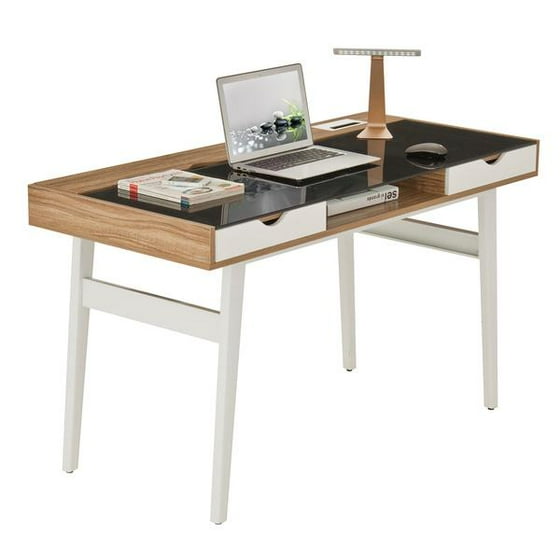 Techni Mobili Compact Modern Computer Office Desk With Glass Top And Storage Rta 2335 Walnut