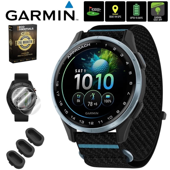Garmin Approach J1 Cloud Blue Aluminum Bezel with Black/Azure ComfortFit Fabric Band 010-03898-00 Bundle with 26‑Month Protection Plan, 3x Deco Essentials Silicone Dust Cover and 2x Screen Prot