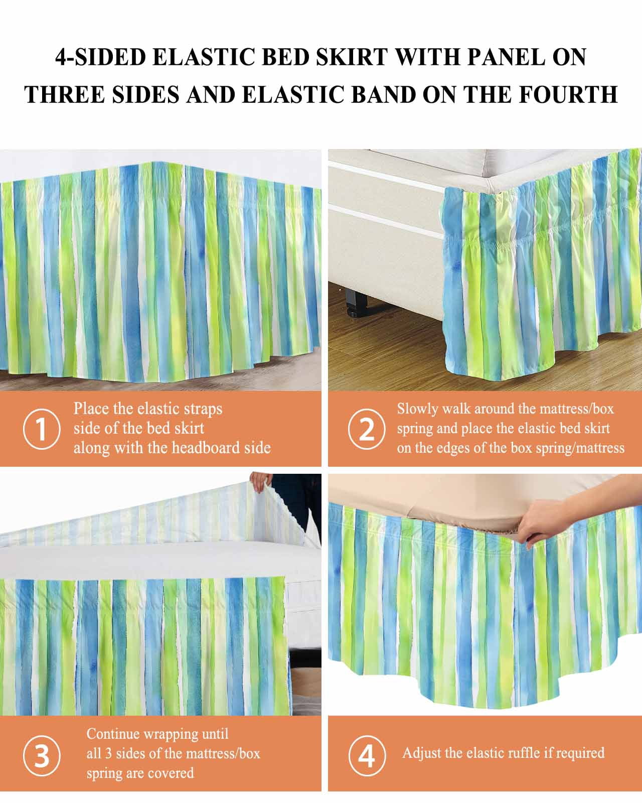 Abstract Art Bed Skirt Queen Size 16" Drop Blue Green Line Stripes Gradient Modern Art Ruffled Wrap Around Bed Skirts Adjustable Elastic Bedskirt Dust Ruffle for Queen Size Bed