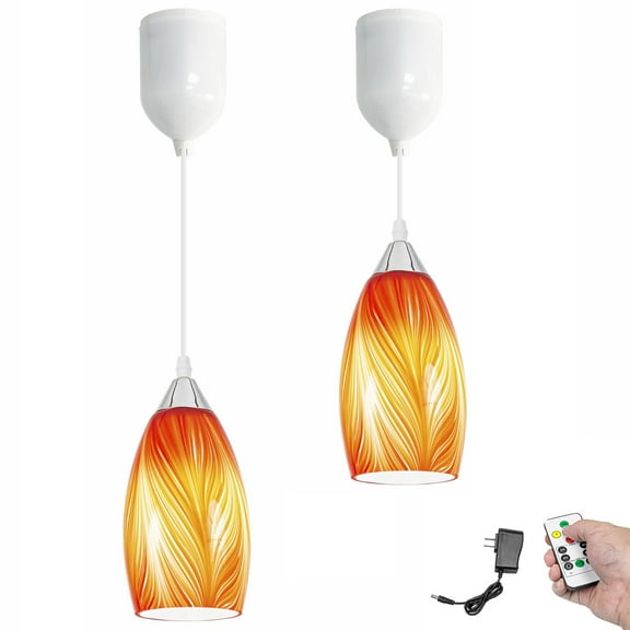 Kiven Battery Operated Pendant Light with Remote Control,Set of 2 Rechargeable Hanging Pendant Light Adjustable Height with Art Glass Globe for Bedroom Kitchen Bar Living Room TB3232-I