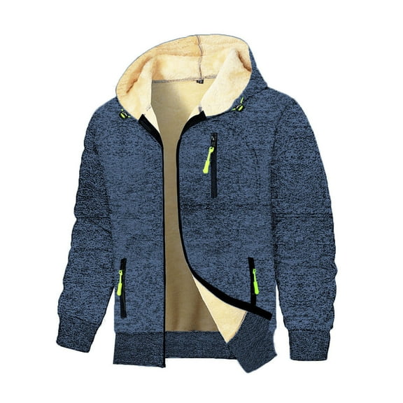 Sherpa Jacket Men Winter Jacket with Hood Zip up Sherpa Fleece Lined Coats with Zipper Pockets Loose Fitted Long Cuffed Sleeve Drawstring Hiking Jacket Casual Stylish Outerwear