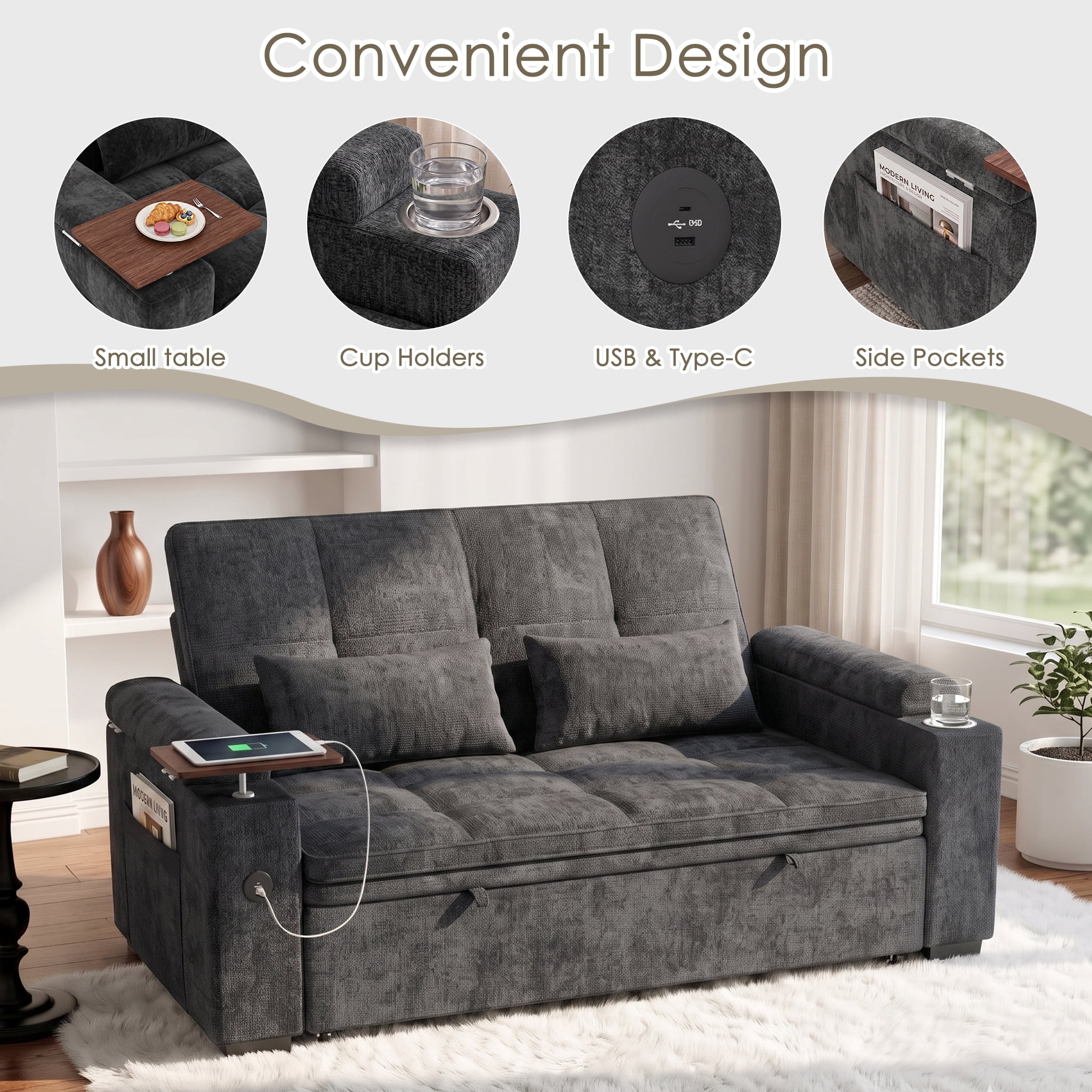 AISWORD 65" 3‑in‑1 Pull‑Out Sleeper Sofa Bed, Chenille Convertible Loveseat with USB Port, Rotating Side Table, Cup Holders for Small Spaces, Dark Gray