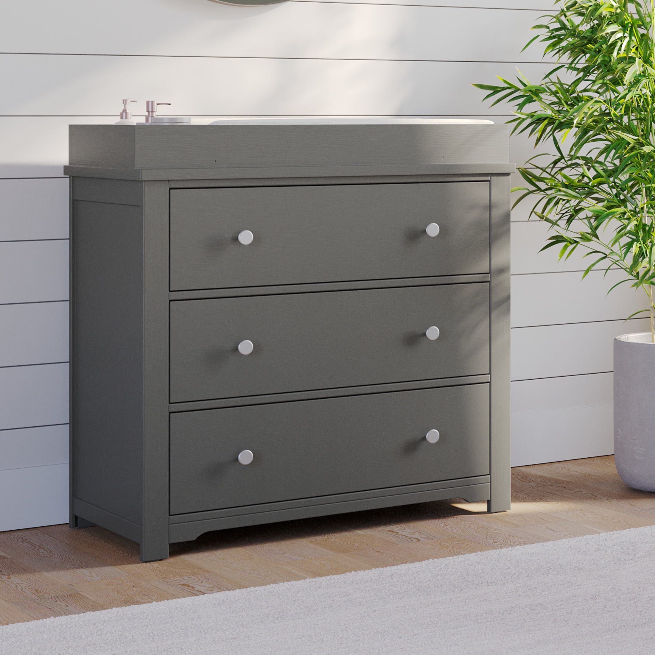 Child Craft Harmony 3 Drawer Dresser with Removable Changing Table Topper for Nursery or Bedroom, (Brushed Pebble)