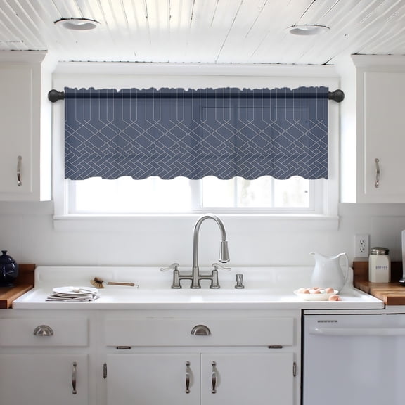 Navy Blue White Geometric Valance Curtains for Kitchen/Living Room/Bathroom/Bedroom Window, Modern Herringbone Abstract Art Rod Pocket Small Topper Half Short Window Curtains Sheer Scarf 60"x18"