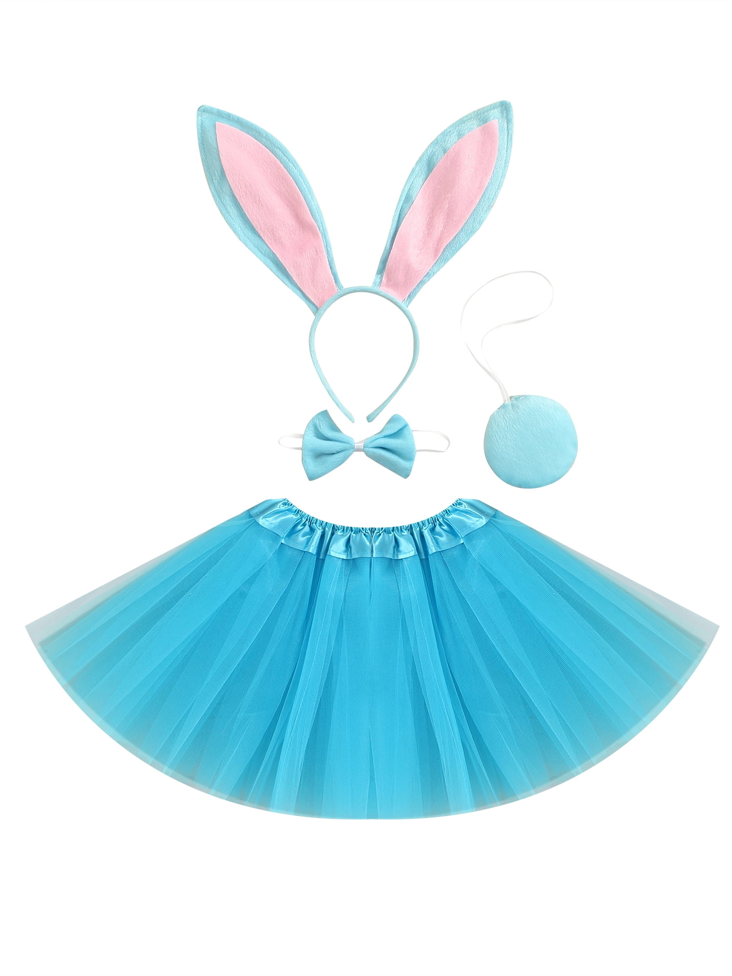 CenturyX Toddler Baby Girl Easter Bunny Hair Band Bow Tie Multi-layer Tutu  Skirt Light Blue 3-8 Years