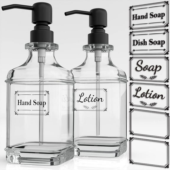 2 Pack Soap Dispenser, 18 Oz Antique Design Thick Glass Hand Dispensers; with 304 Rust Proof Stainless Steel Pump, 6Pcs Clear Stickers, for Kitchen, Bathroom- Black