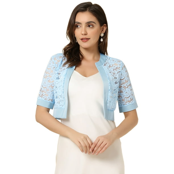 Bolero de encaje con hombros descubiertos para mujer, cárdigan corto con parte delantera abierta y panel de satén Azul Claro XS