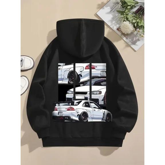 Heavyweight Black White Racing Car Graphic Front Pocket Hoodie Shirt for Men & Women, up to Size 5XL
