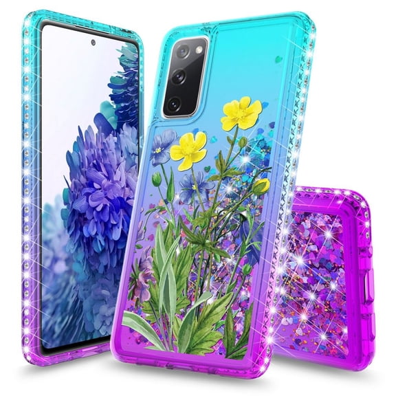Bemz Liquid Quicksand Case for Samsung Galaxy S20 FE (with Touch Tool) - Wild Flower (Teal/Purple)