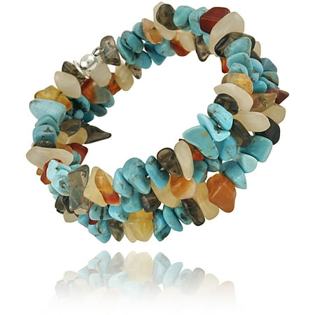 Aragonite, Created Turquoise, Carnelian and Smoky Quartz Chips Sterling Silver Coil Bracelet