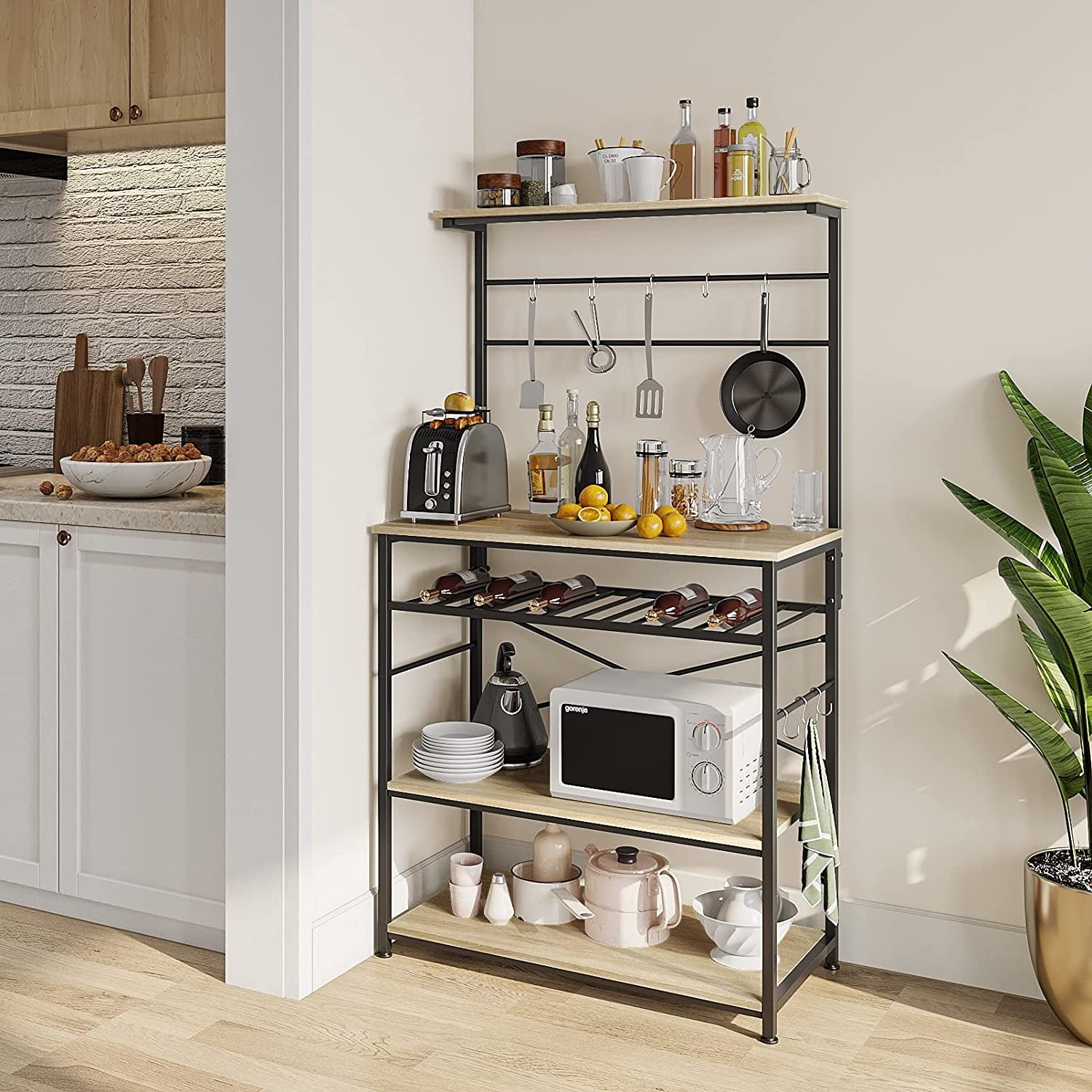 Buy Bestier Industrial 5 Tier Kitchen Bakers Rack with Wine Rack Oak