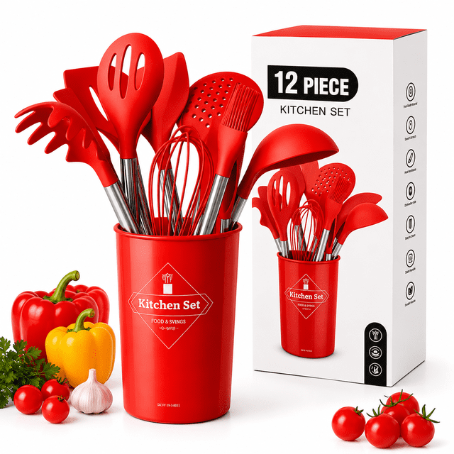 Juego De Cucharones De Silicona Y Acero Inoxidable KITCHENES 12 piezas