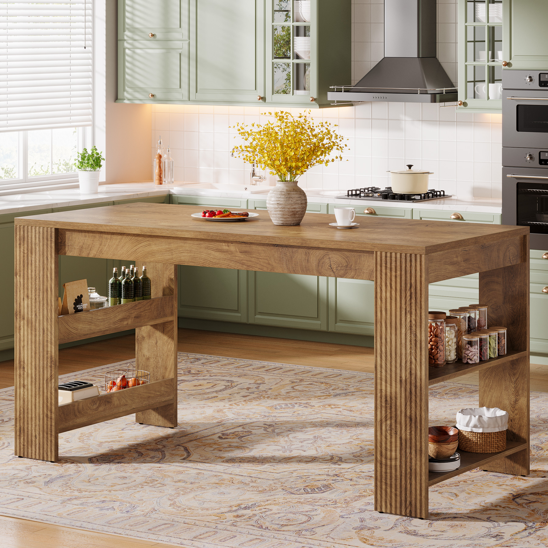 Finmind 63-inch Kitchen Island with Storage, Large Stationary Island Table for Kitchen, Farmhouse Home Bar Unit for Kitchen, Light Brown