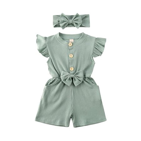 

Letiane Summer Kids Infant Baby Girl Clothes Ruffle Bowknot Romper Jumpsuit Headband Outfit Set