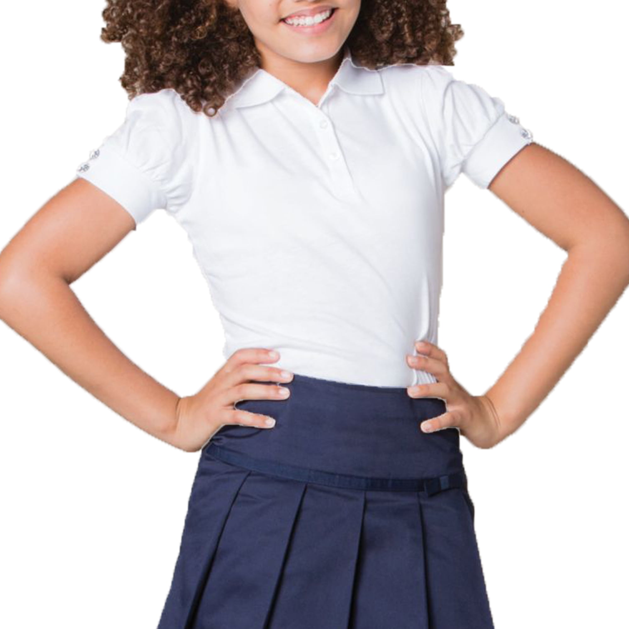French Toast Girls School Uniform Short Sleeve Puff Sleeve Polo Shirt With Rhinestone Buttons, Sizes 4-16 & Plus