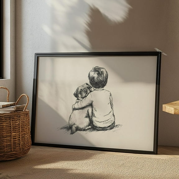 Boy With Pug Nursery Print, Dog Vintage Decor, Pug Sketch, Puppy Nursery Art, Country Wall Decor, Neutral Dog Drawing, Dog Wall Art Poster Wall Art, Modern Wall Decor, 8x12 UNFRAMED