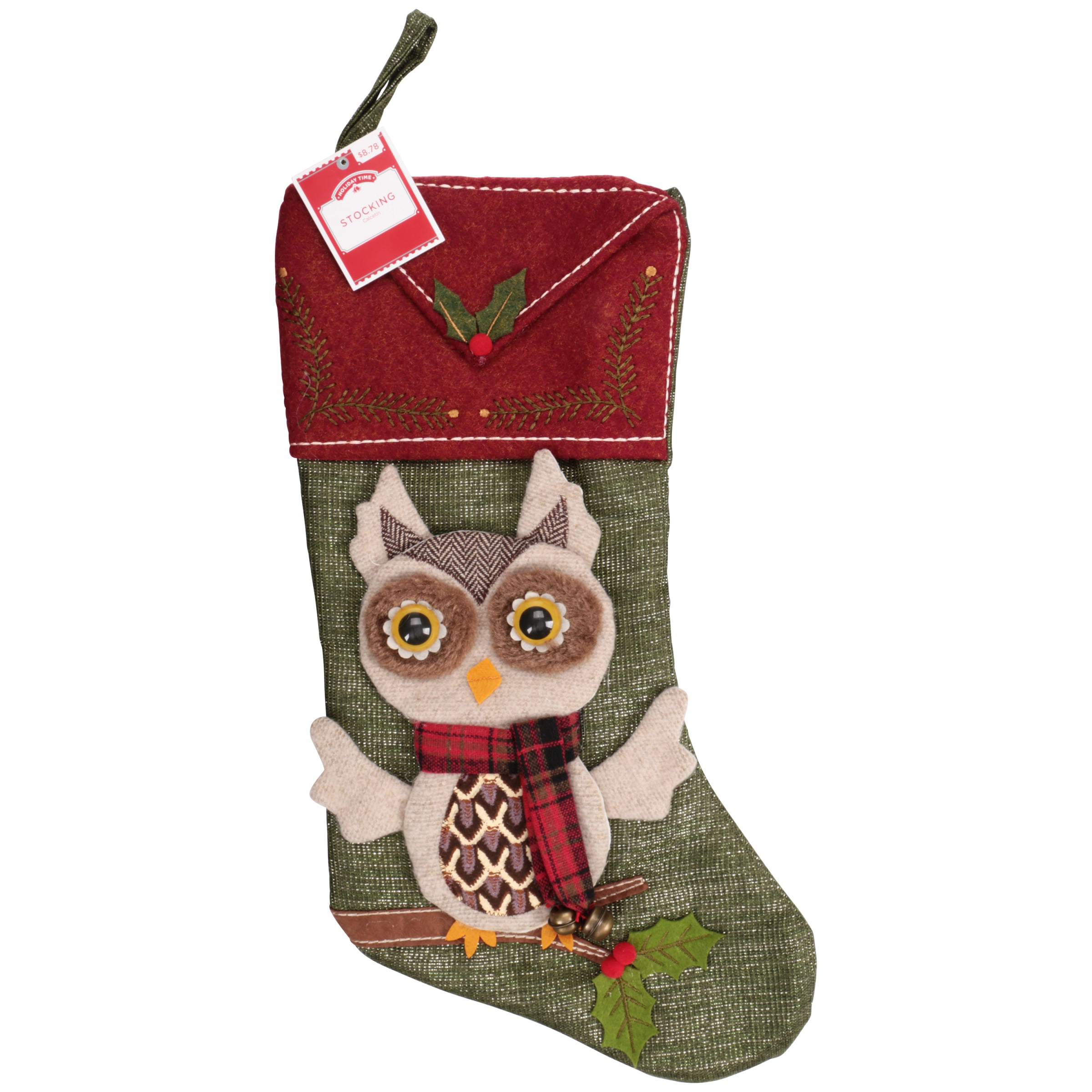 Holiday Time Owl Applique Envelope Christmas Stocking 18" 