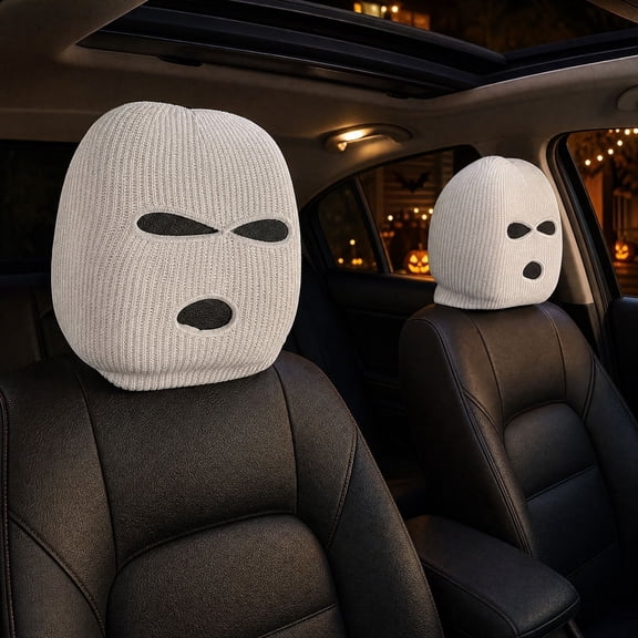 2PCS Car Headrest Cover, Personalized Funny Front Seat Headrest Protector, Ski Mask Auto Seat Headrest Full Face Mask, Universal Car Interior Decoration Accessories for Most Cars (White)