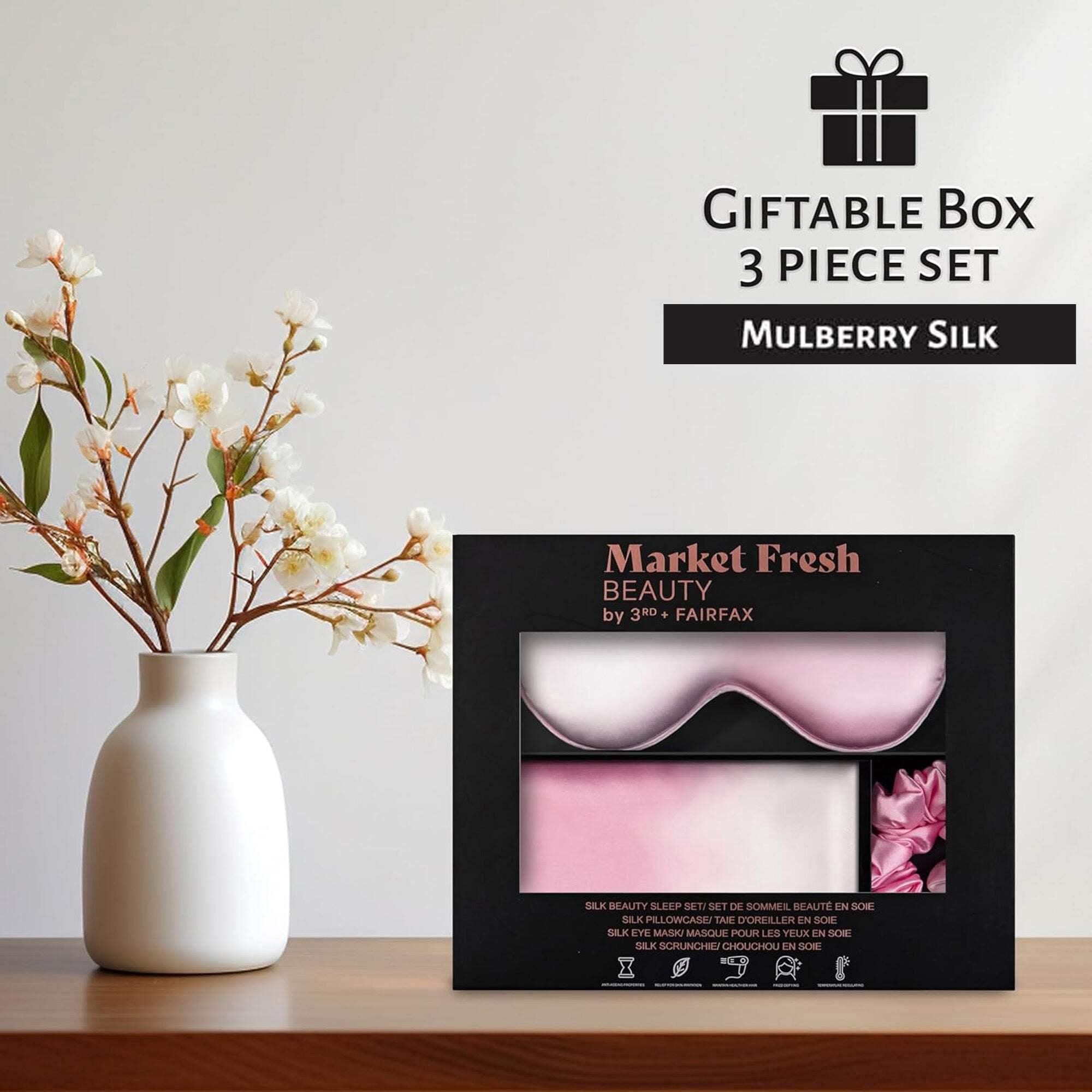 Market Fresh Beauty Silk Sleep Set, Pillowcase, Eye Mask and Hair Scrunchie, Silk, Pink  White Gradient