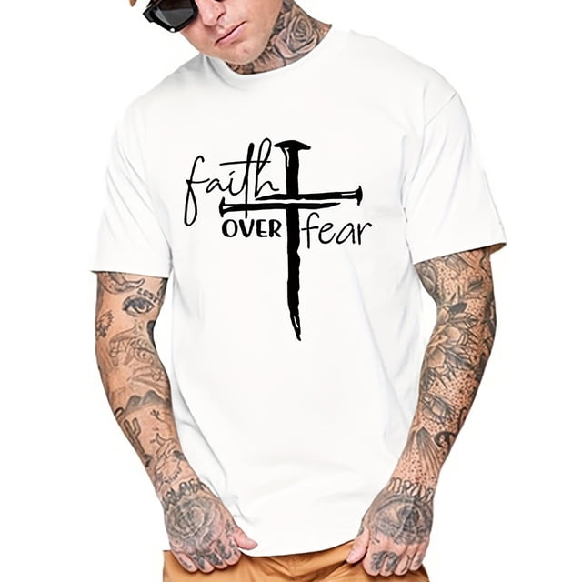 Camisetas para hombre, camiseta con estampado de cruz "Faith Over Fear", camiseta informal de manga corta para verano, primavera y otoño, camisetas para regalar, camisetas informales