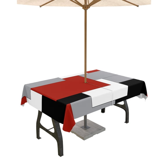 Outdoor Tablecloth with Umbrella Hole for Patio/Picnic/Party/Camping, Red Grey Black Geometric Waterproof Table Cloth Rectangle Table Cover Washable, Middle Century Modern Art Abstract 60"x 84"