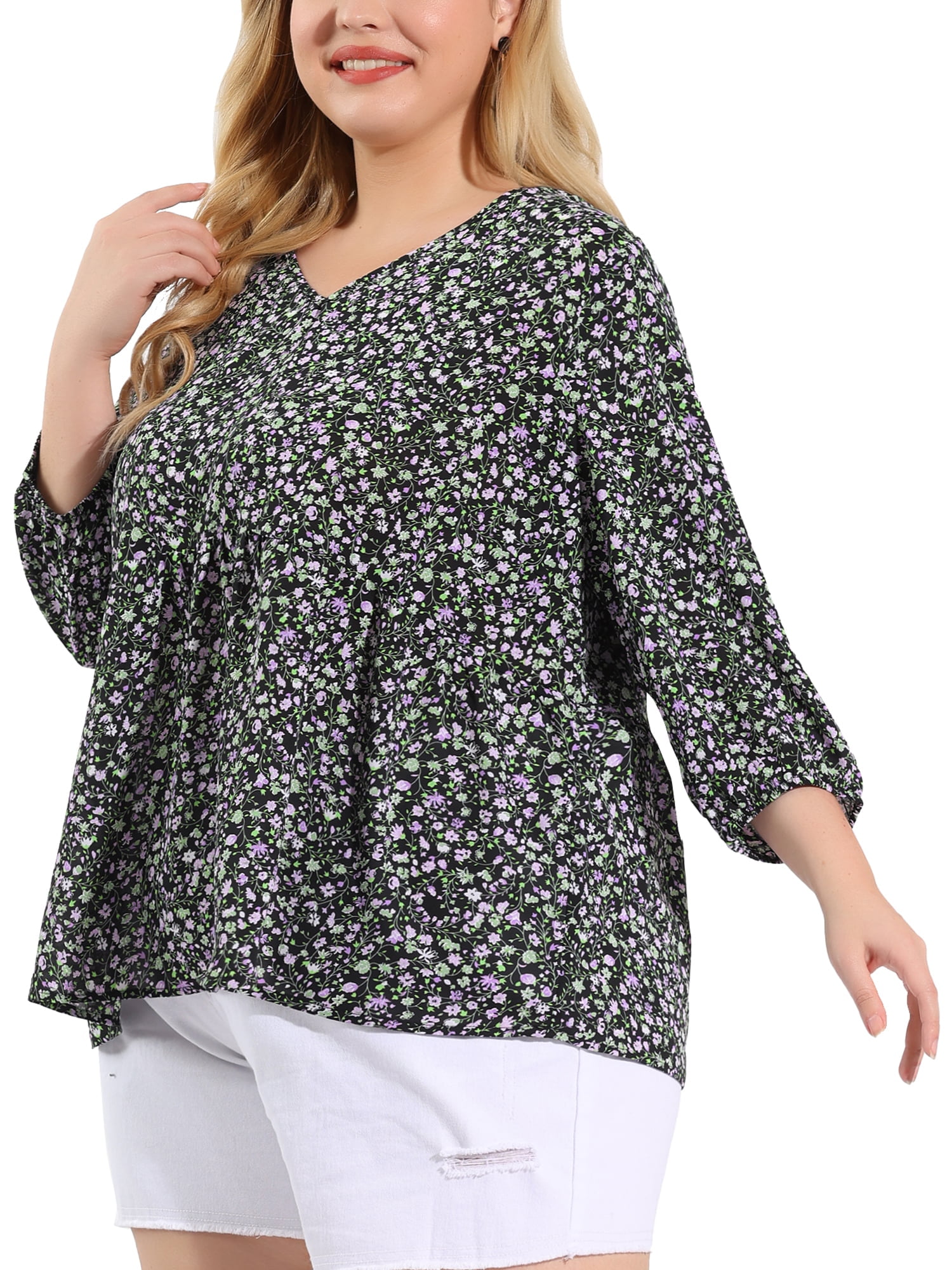 Unique Bargains Juniors' Plus Size Tops Floral Ruffle Flowy Peplum Top Black 4X