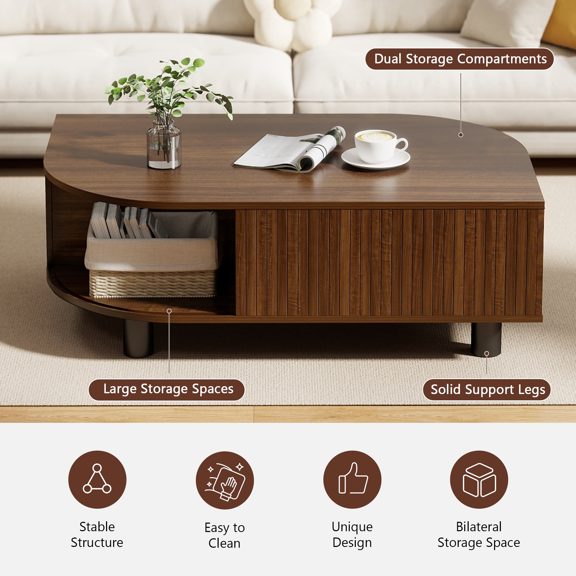 Anrist Wood Coffee Table with Storage & Fluted Sliding Doors for Living room, Unique Leaf-Shaped Design, Walnut