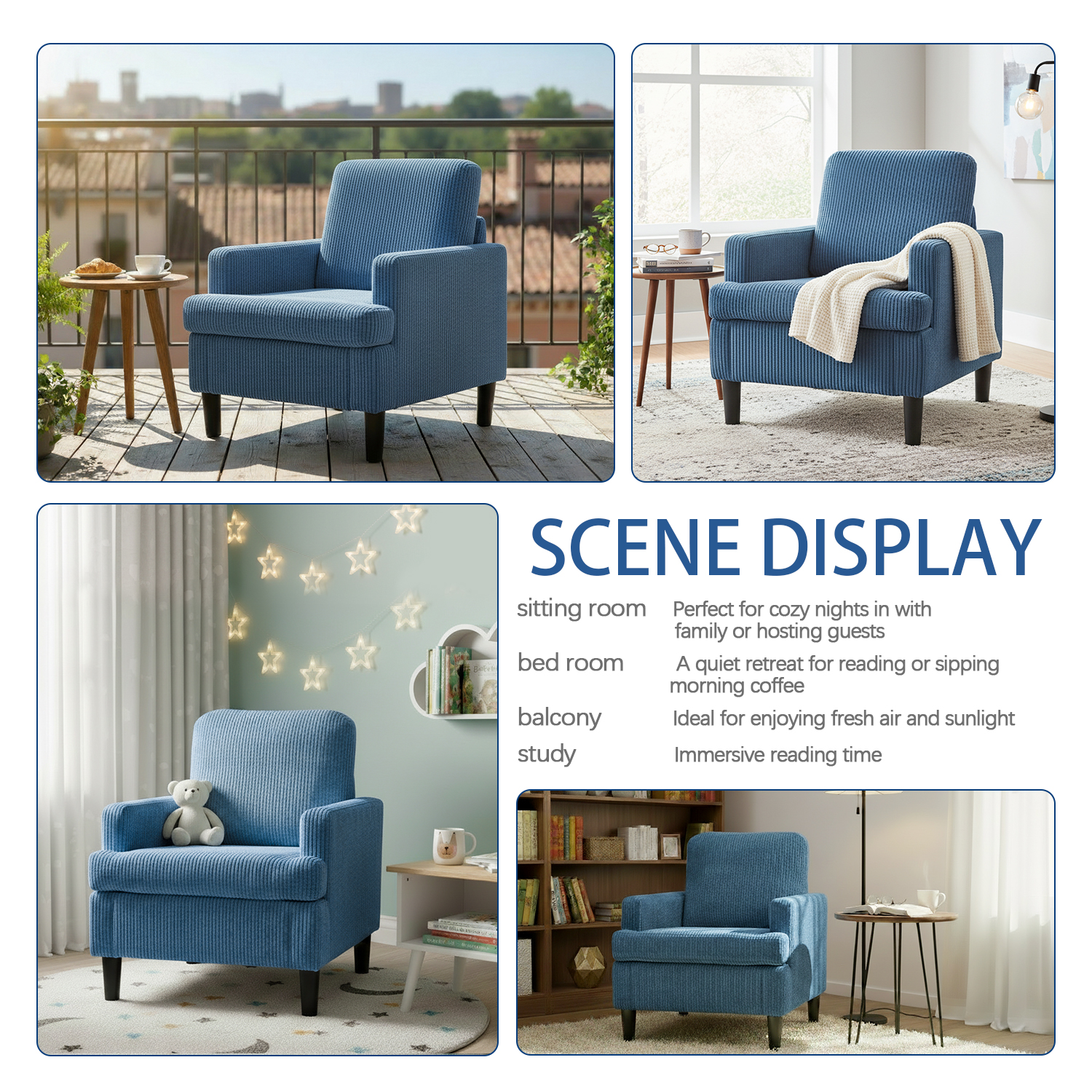 Modern Accent Chair Cozy Living Room Chairs Mid Century Modern Accent Chairs Reading Chair with Armrests for Living Room, Bedroom and Study（Blue）