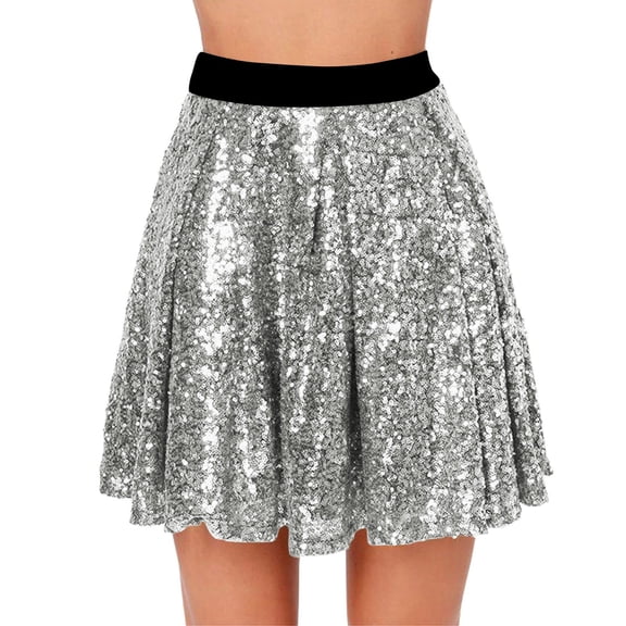 Ediodpoh Carnival Glitter Skirt Solid Color Sequin Stretch Waist Pleated Party Wear Flowy Midi Skirt with Details Womens Skirts Silver_003 XL