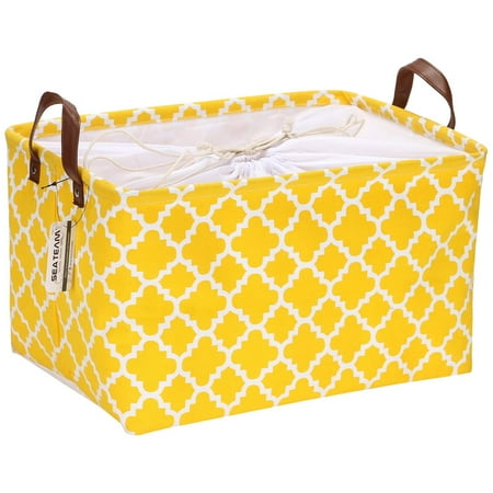 Sea Team Moroccan Lattice Pattern Canvas Fabric Storage Basket Collapsible Geometric Design Storage Bin with Drawstring Cover and PU Leather Handles, 16.5 x 11.8 x 9.1 inches, Yellow