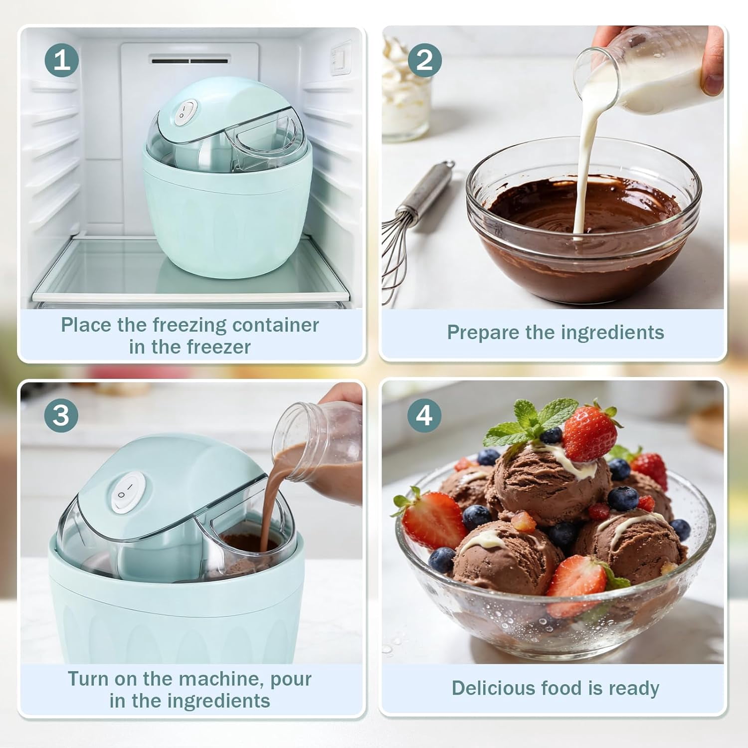 Mini Ice Cream Maker DIY Frozen Desserts, Single Serving Gelato Yogurt, One-Touch Electric Kitchen Maker Fast in 15 Minutes