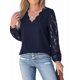 thumbnail image 2 of Blusa Elegante de Encaje para Mujer, Larga, Cuello en V, Ojales, Elegante, para Fiesta, Floral, con Cuello en V Festoneado Azul Marino L, 2 of 9