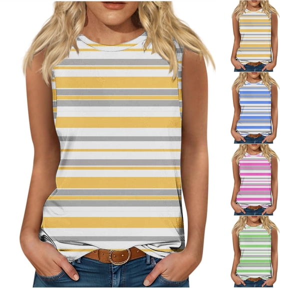 WEIee Womans Tank Tops T Shirts for Women Summer Crewneck Sleeveless Blouse Stripe Comfortable Loose Fit Tops Ladies Anniversary Tank Tee Blue L
