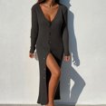thumbnail image 1 of Robe Chandail Longue en Tricot à Col en V Profond pour Femmes avec Boutons, Manches Longues, Robe Maxi, 1 of 6