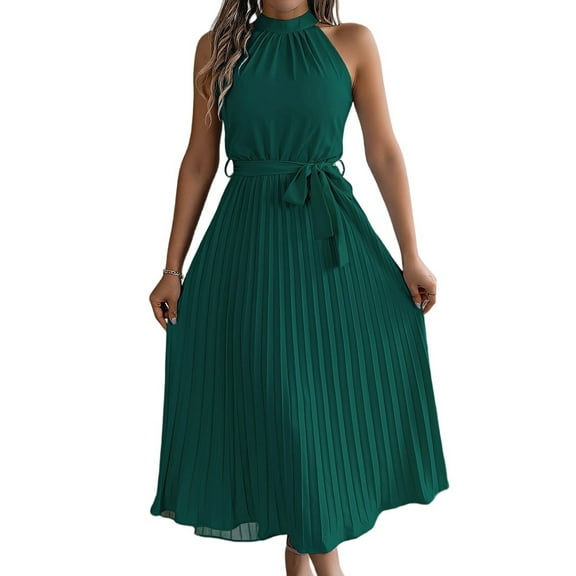 Women'S 2025 Summer Sleeveless Halter Neck Pleated Midi Cocktail Dresses A Line Flowy Beach Sun Dress Green M