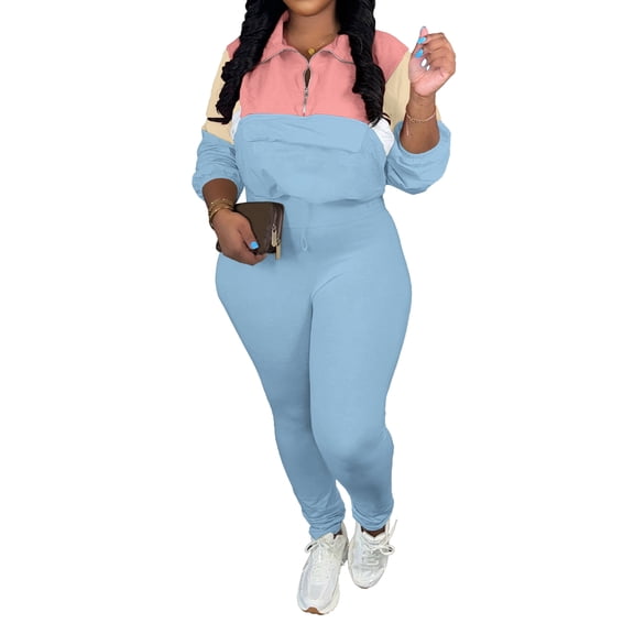 Aomice Two Women's 2 Piece Outfits Lapel Half Zip Long Sleeve Sweatshirts Sweatpants Tracksuit Casual Sweatsuits-Pink Blue-2XL