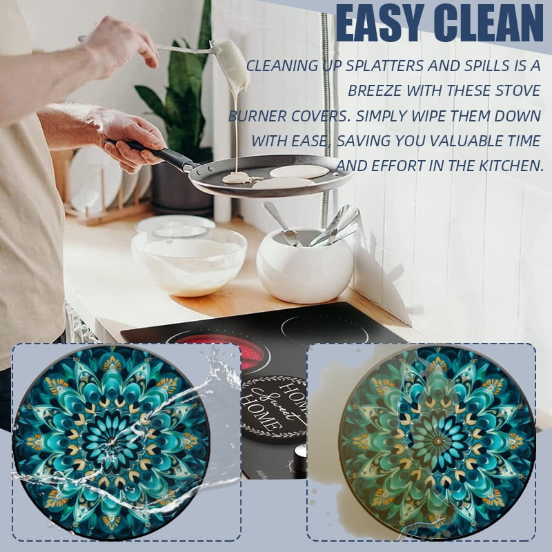 Round Electric Stove/Range Burner Cover, Blue-toned Mandala Painting Durable Gas Stove Burner Covers Conceals Messy Drip Pans Set of 4 for Kitchen, 8 Inches and 10 Inches