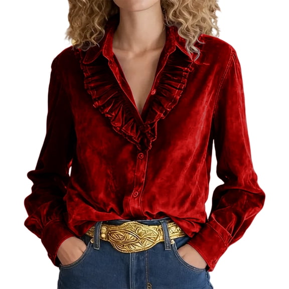 QSAWXQZ Women's Velvet Button-up Shirt Ruffled Lapel Collar Long Sleeve Solid Cardigan Dressy Blouse Red L