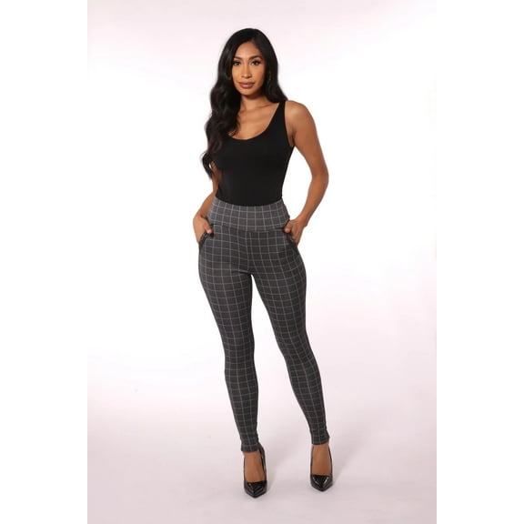 High Waist Sculpting Treggings With Zipper Pocket Trim - Gray White Plaid