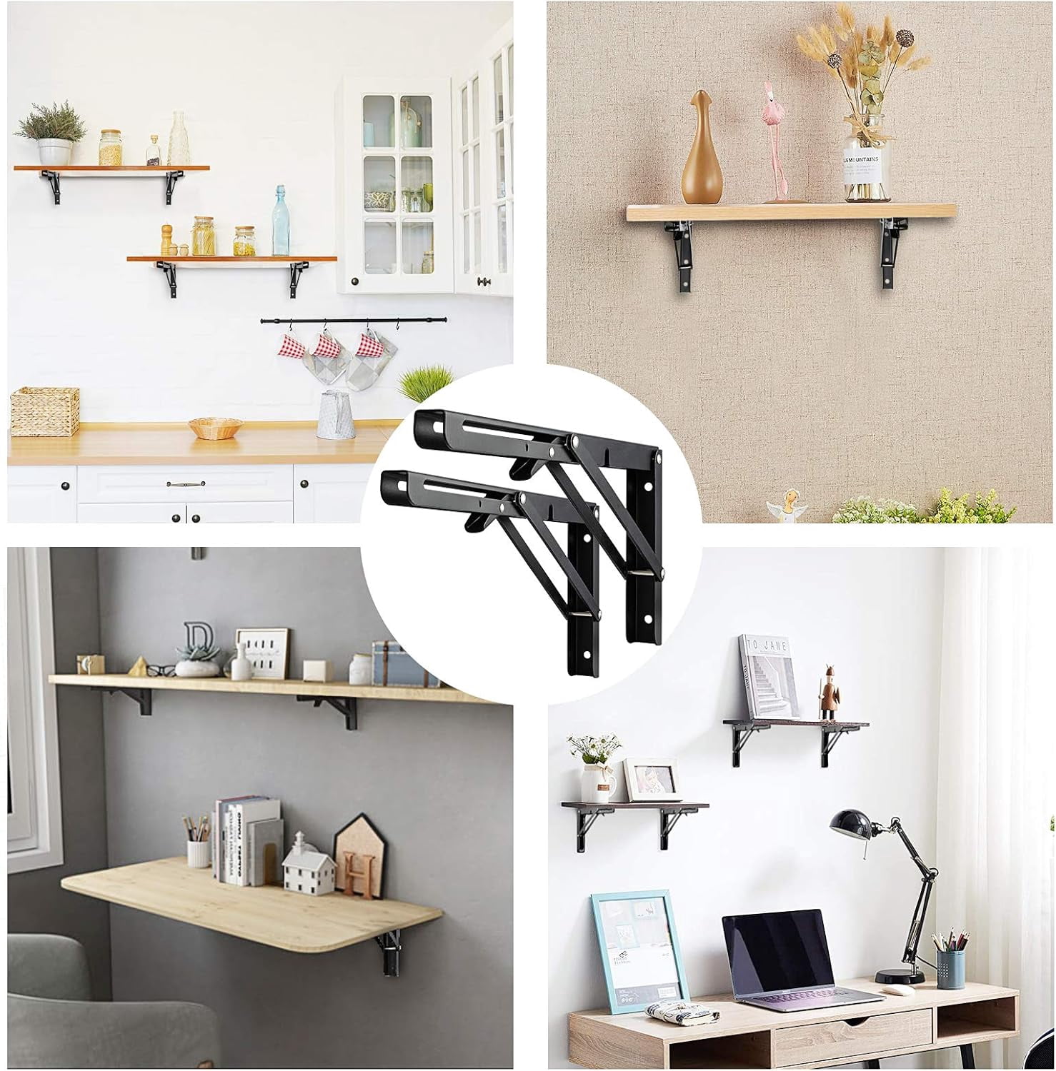 Collapsible Shelf Bracket For Multi-Purpose Functions, Easy To Install Heavy Duty Steel Floating Wall Mounted (2 Pieces)