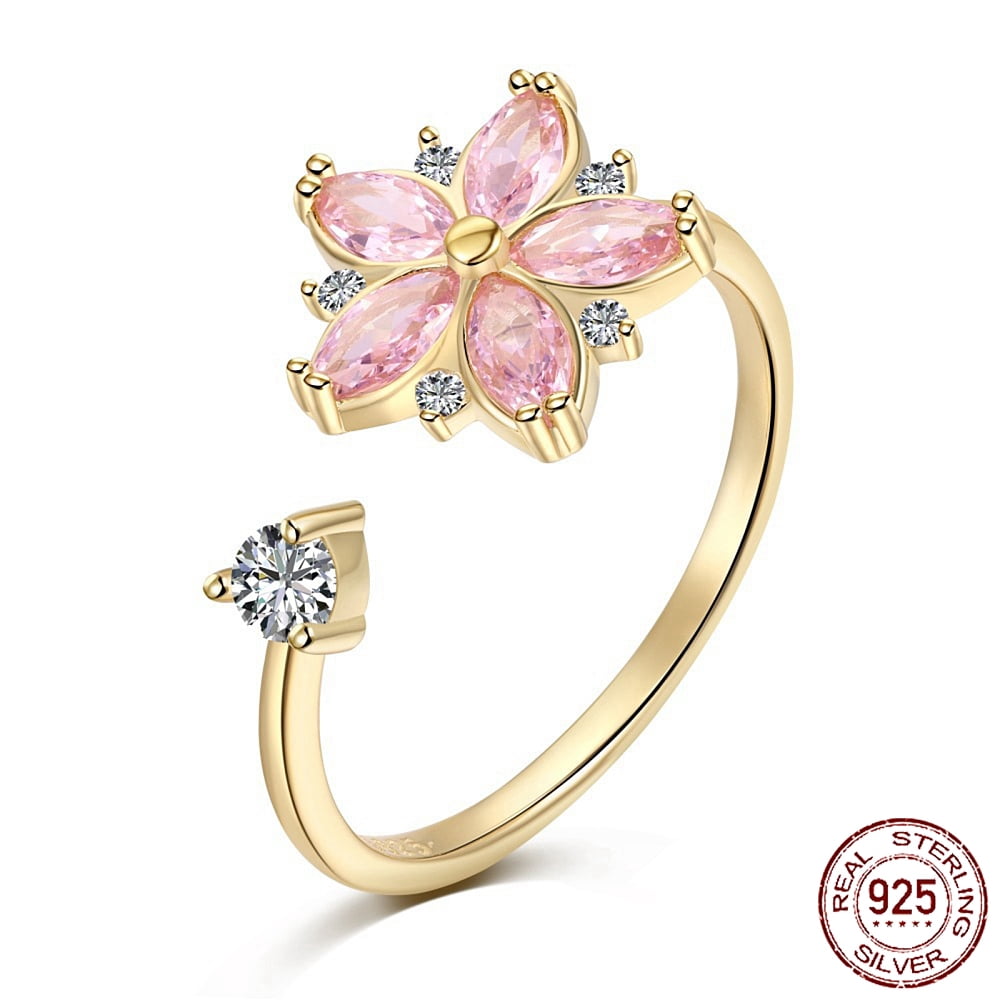 925 Sterling Silver Open Finger Rings with Cubic Zirconia for Women Peach Flower Anxiety Worry Fidget Spinner Ring Real 18K golden Plated 1.5mm Size 7(17.3mm)