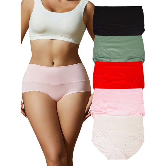 DINGLU Cotton Underwear for Women High Waisted Panties Full Coverage Underpants Soft Strech Ladies Briefs 5 Pack,Size 6