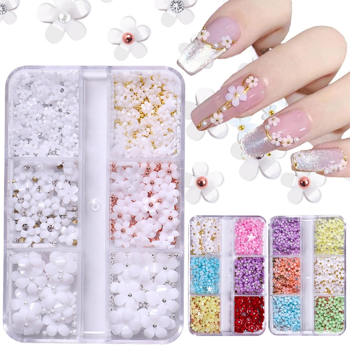 Caffney 3D Flower Nail Charms Kit 6 Grids Flower Nail Art Kit 3D Resin  Floral Nail Flakes Kit DIY Flowers Nail Pearls Rhinestones Beads Decoration  for Nail Jewelry Wallet Shoes Phone Cases 