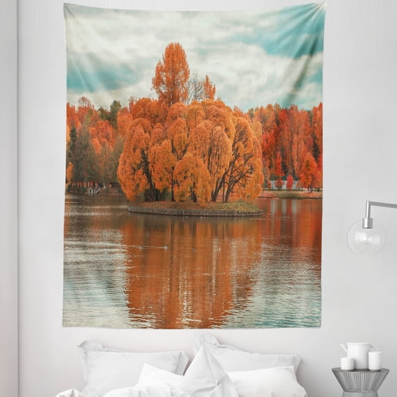 Epic Nature Tapestry, Autumn Trees Island in the Lake Scenery in the Evening Ecology, Fabric Wall Hanging Decor for Bedroom Living Room Dorm, 5 Sizes, Burnt Sienna and Blue Grey, by Ambesonne