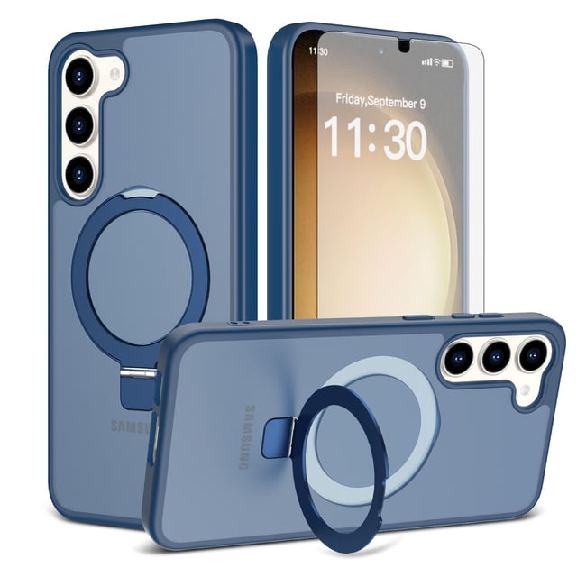 Asuwish Phone Case for Samsung Galaxy S23 Plus S23+ 5G Tempered Glass Screen Protector Magnetic Folding Stand Frosted Translucent Rugged Shockproof Protective Cell Cover SM-S916U 6.6 Women Men Blue