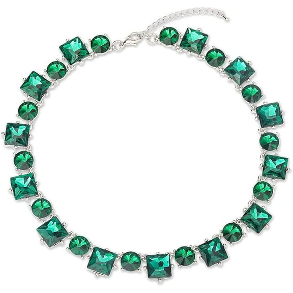 Emerald Green Crystal Rhinestone Statement Bib Choker Necklace for Women Sparkly Dark Green Square Round Gem Stone Collar Necklace Green Prom Costume