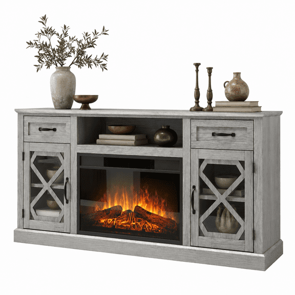 LEGAHOME Gray Fireplace TV Stand for up to 65" TVs, Farmhouse 59in TV Stand with Electric Fireplace, 2 Drawers and Glass Door, Living Room Entertainment Center for 400Sqt Heating Area, Gray