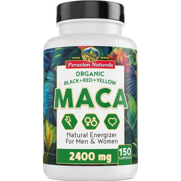 Organic Maca Root Capsules for Women & Men 2400mg per Serving - 150 Pills Black, Red, Yellow Maca Supplement - Gelatinized Macaroot, Non-GMO, Vegan by Peruvian Naturals