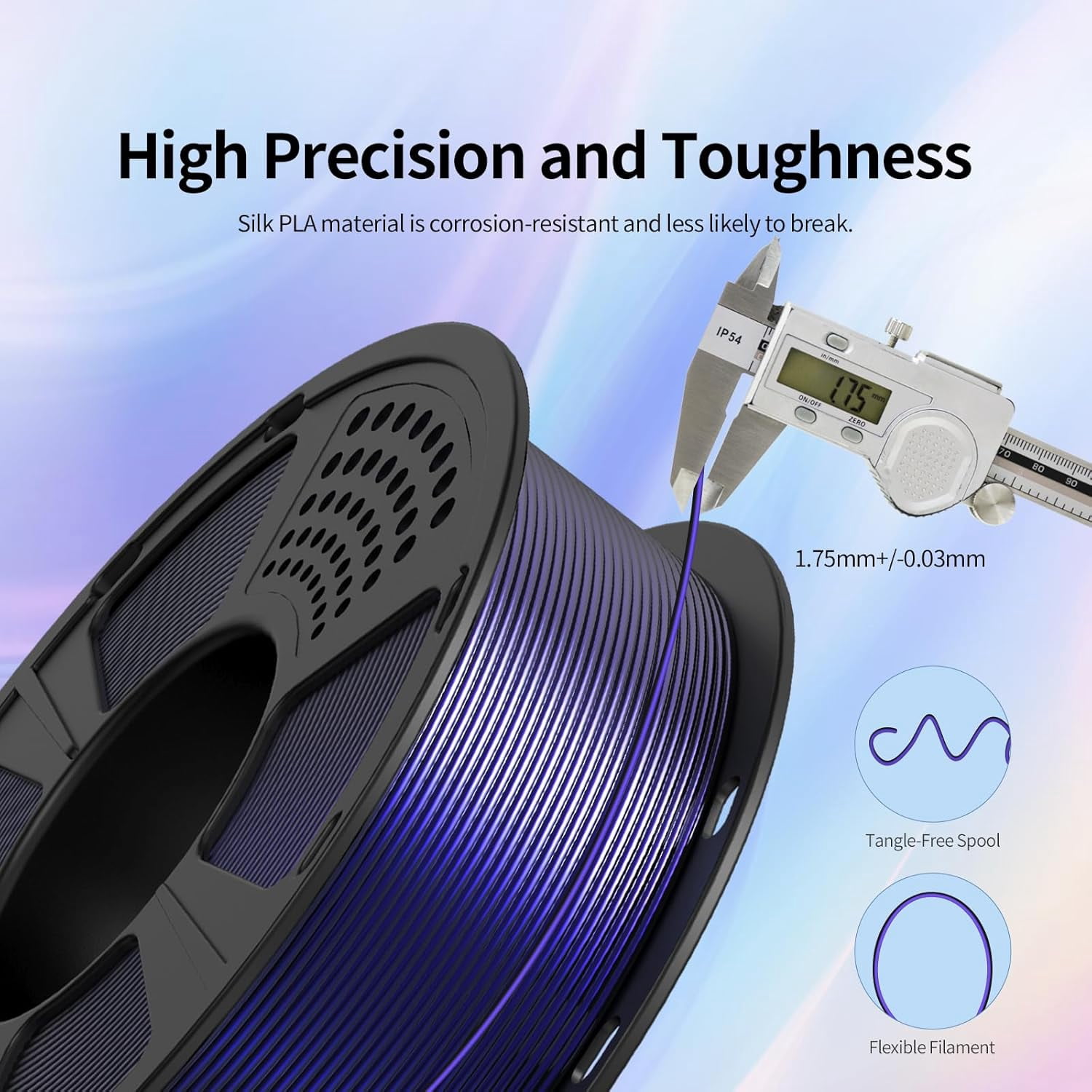 Tri-Colors, Silk Pla Filament, 3D Printer Filament 1.75mm +/-0.02mm, 1Kg (2.2lbs) Spool, Vacuum Packaging (Blue+Purple+Black)